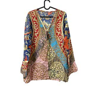 Johnny Was Multicolor Medallion Print Silk Bow Front Blouse Womens Size XSmall